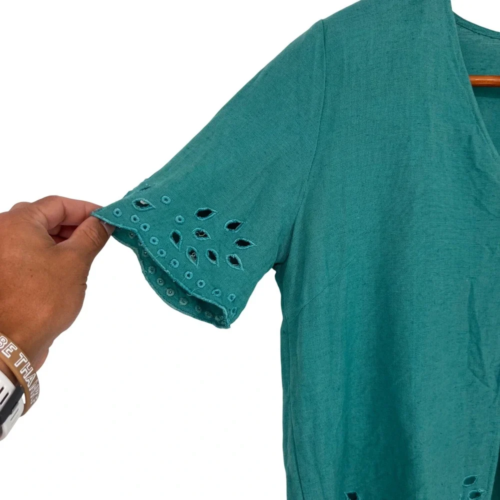 Vintage Y2K Coldwater Creek Jacket‎ Dress Set Medium Teal Eyelet Linen Blend